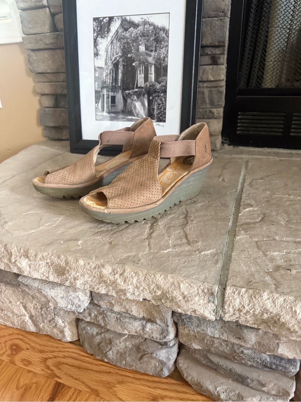 FLY London Yala Perforated Leather Wedge Sandals Taupe EU 39 / US 8.5